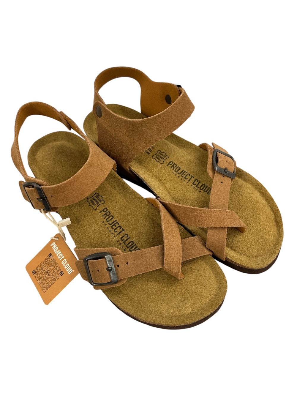 NWT Project Cloud Sandals Tan Leather Low Wedge Buckle Straps Women’s Size 7